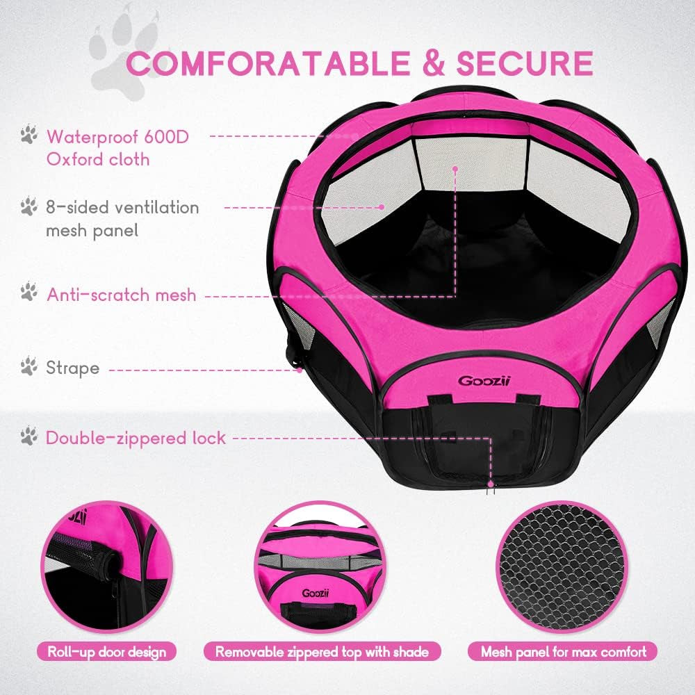 GOOZII Pet Cat Playpen for Indoor Cats Enclosed, Portable Foldable Dog Playpen Outdoor Tent Crate Cage with Zipper Top Cover Door for Kitten Puppy outside Rv Car Camper (Small Size, Pink)