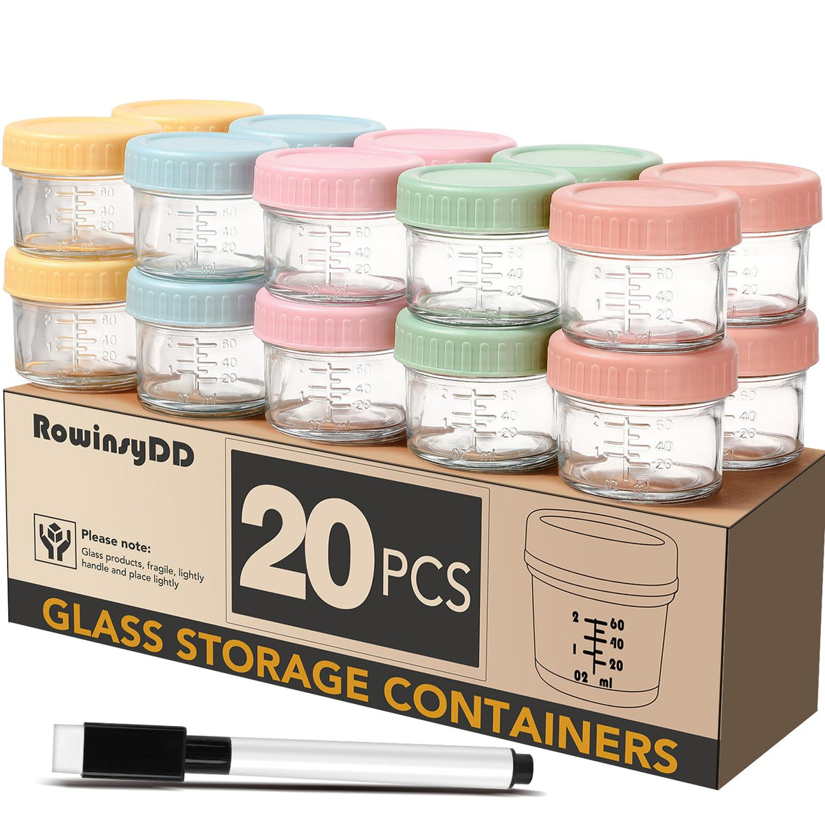 Rowinsydd 20 Pack Baby Food Containers, 4 Oz Glass Baby Food Jars with Lids