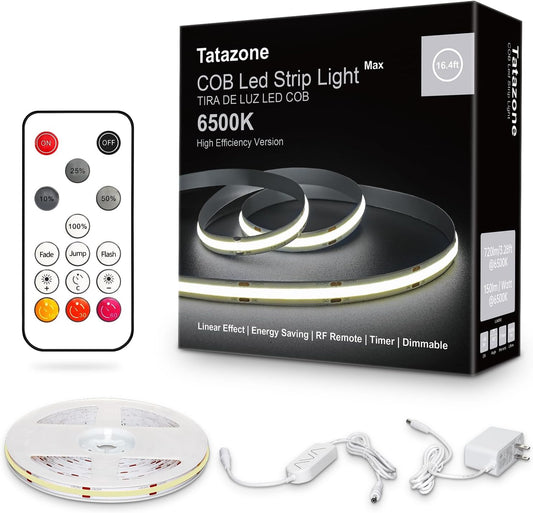 Tatazone 6500K 16.4Ft White COB Led Strip Lights Max with RF Remote