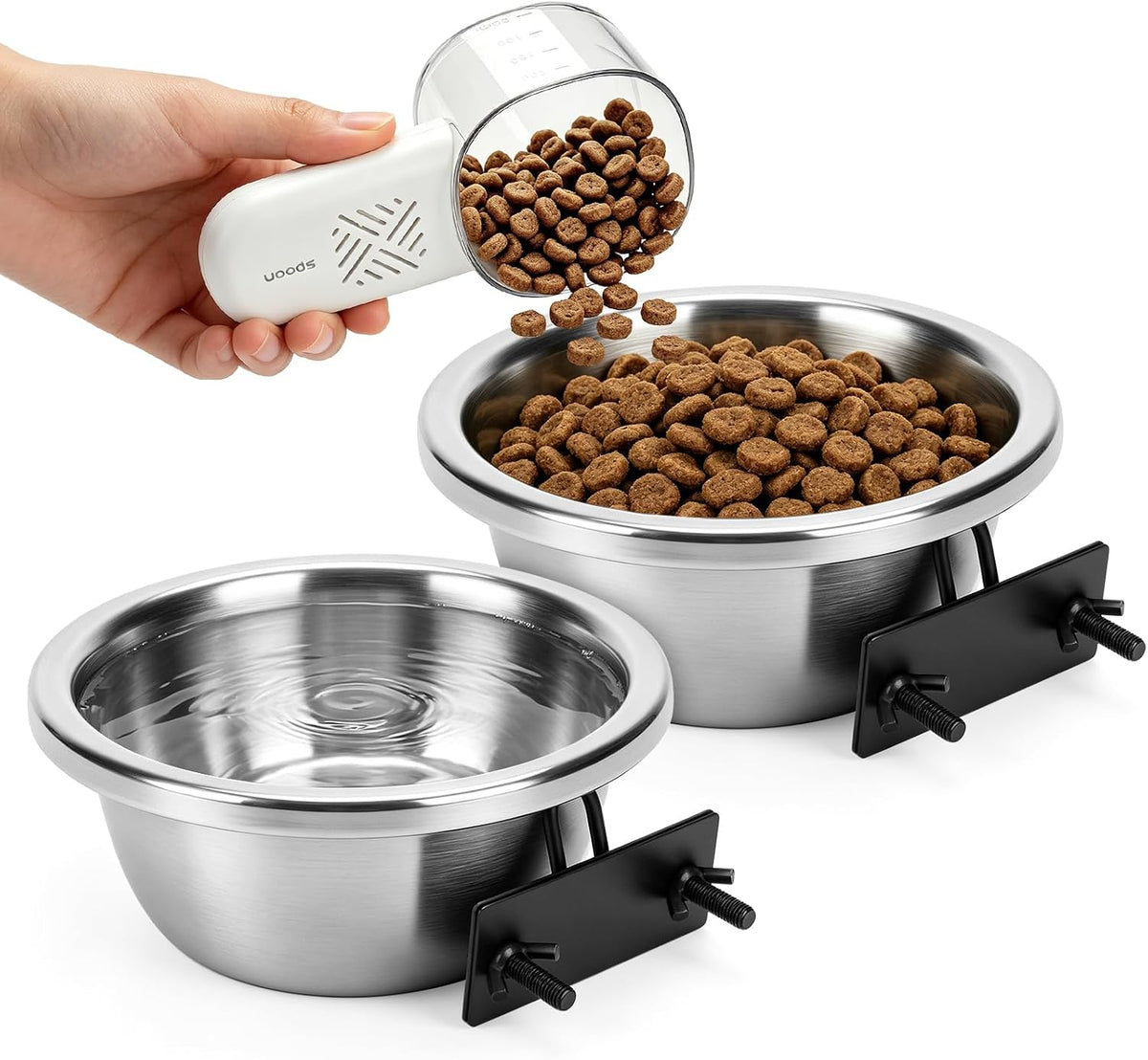 Large Dog Bowls 2Pack, Thick Metal Dog Bowls for Crate Cage Kennel with Dog Food Scoop, Hanging Stainless Steel Pet Food and Water Bowls No Spill for Large and Medium Breed