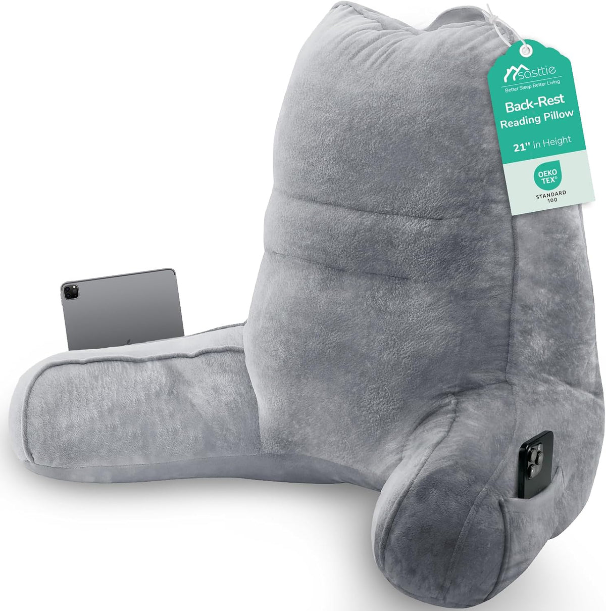 Sasttie Reading Pillow for Bed, Back Pillow for Sitting Up, Dark Grey