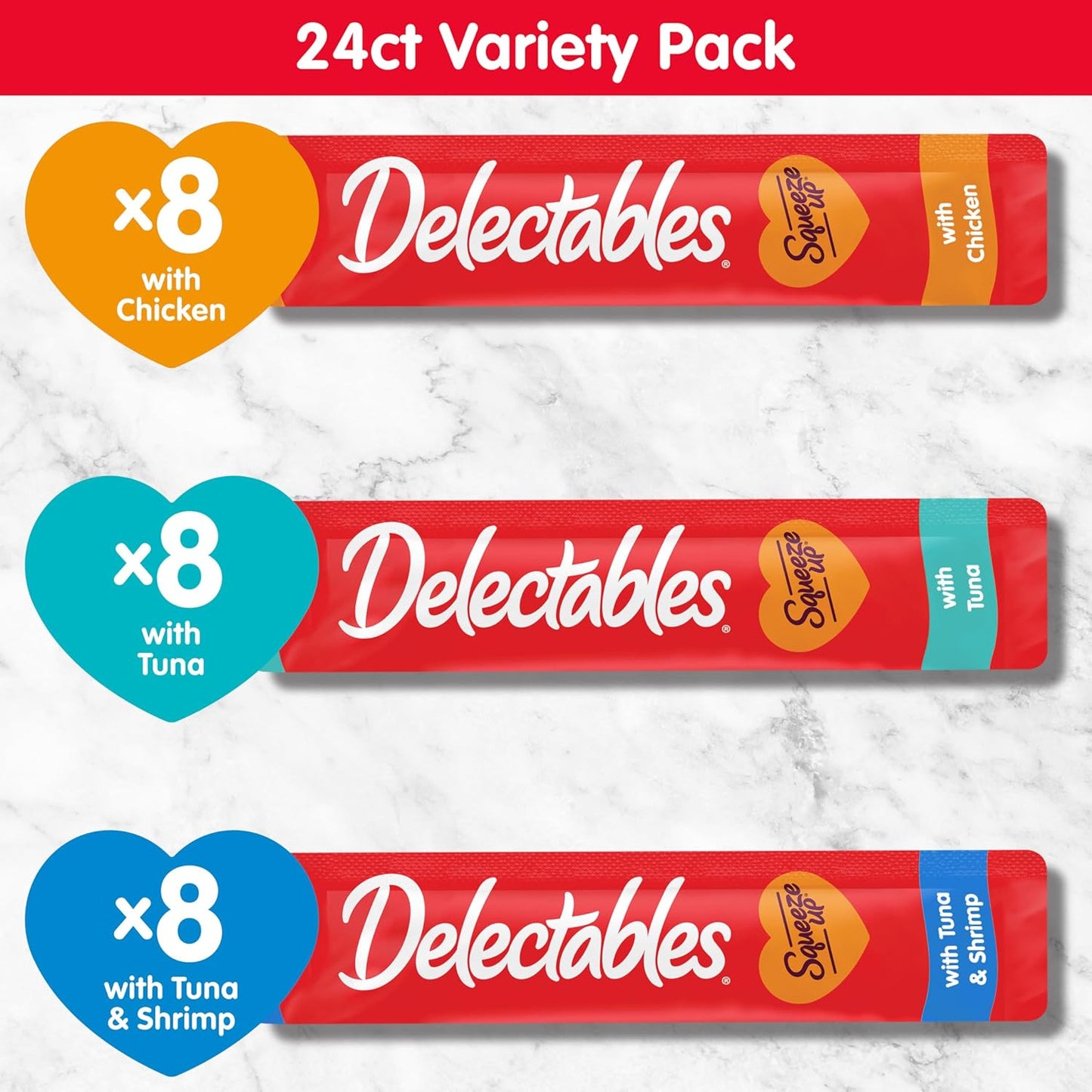 Delectables Squeeze up Variety Pack, Creamy Squeezable Puree, Lickable Wet Cat Treats, Grain Free, No Added Fillers, No By-Products, No Added Preservatives, 0.5 Ounces Tube, 24 Tubes Total