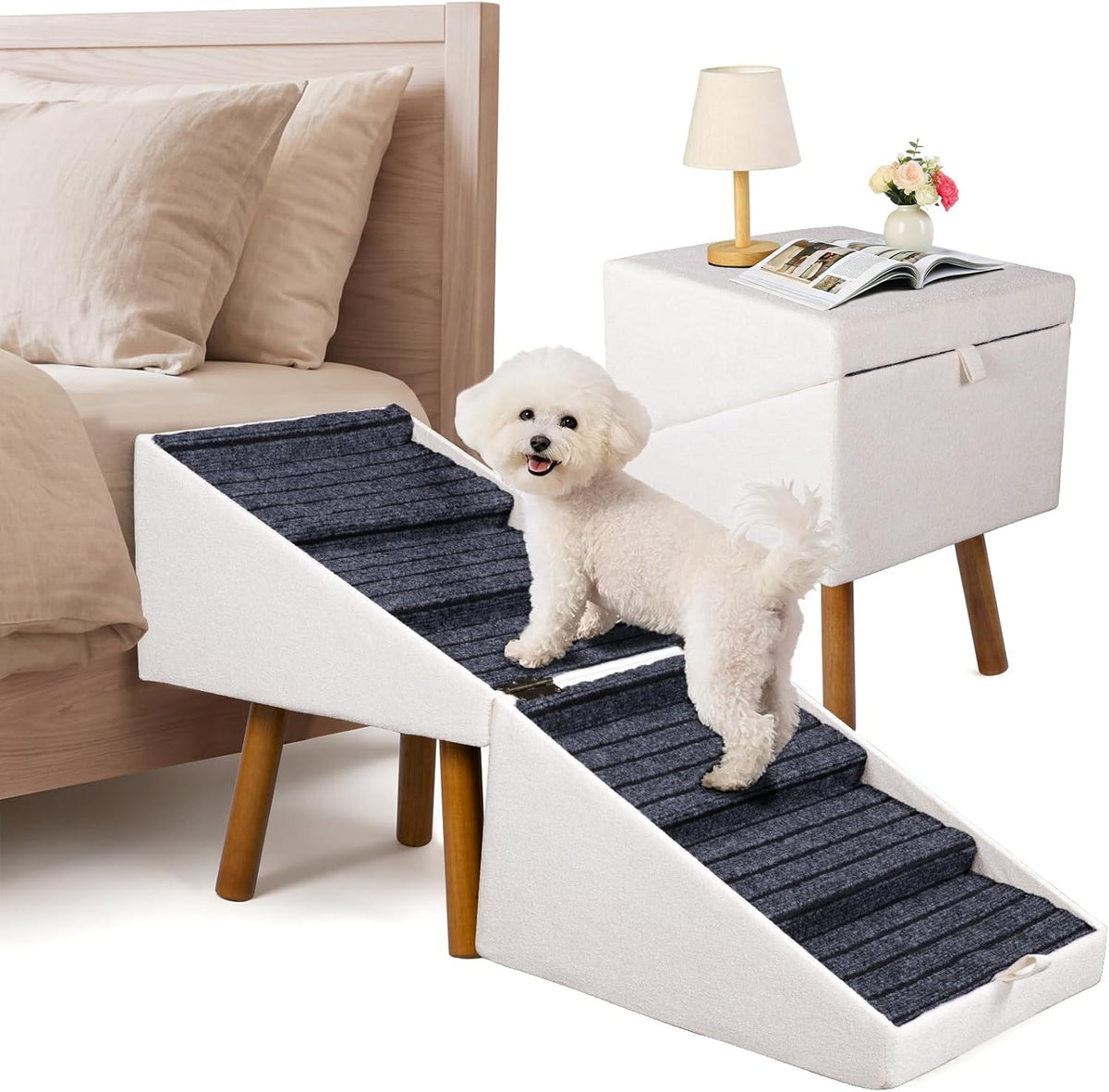 21" H Pet Steps for Beds, Foldable Dog Stairs(Alabaster)