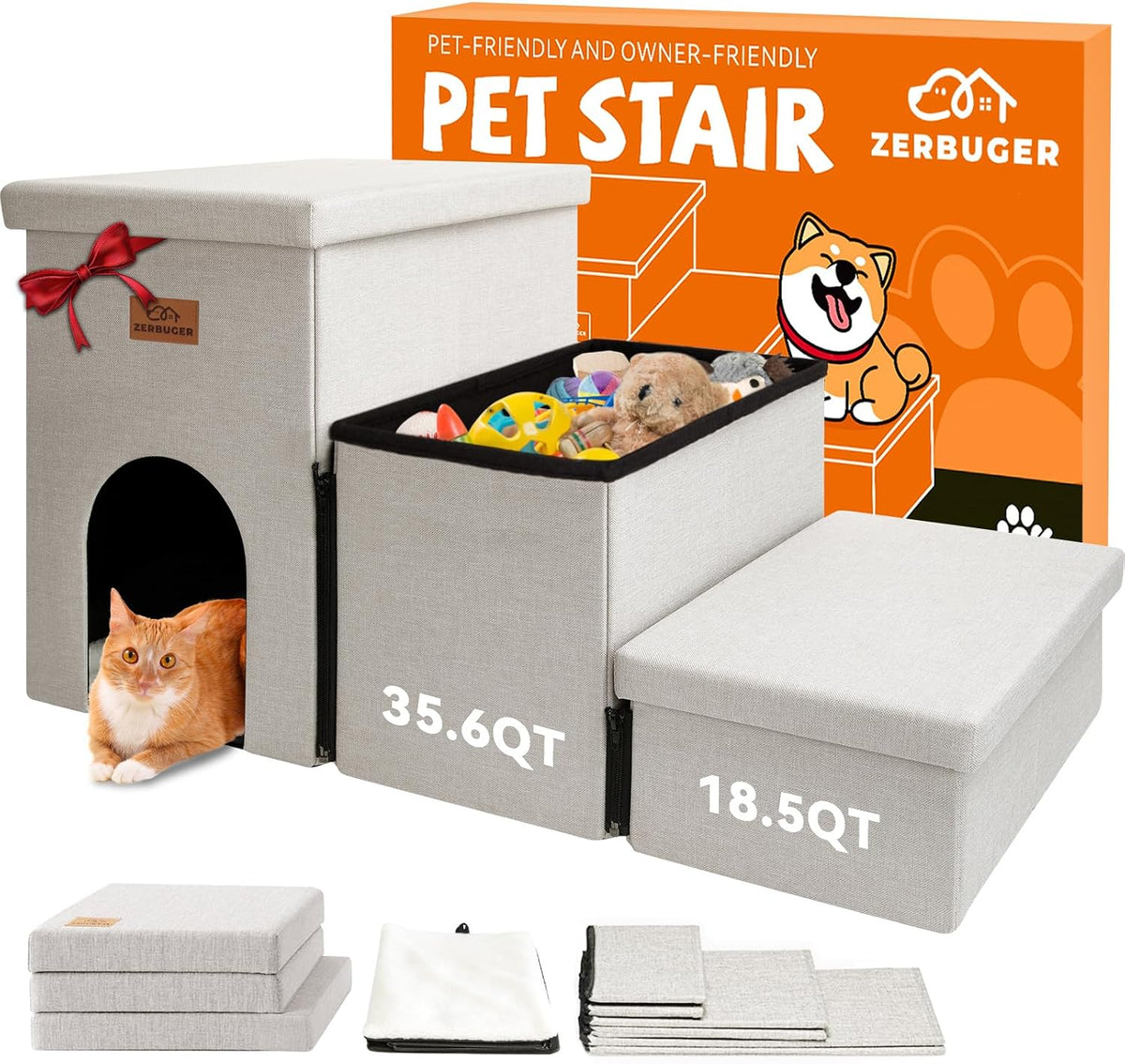 Zerbuger Dog Stairs with Storage, Beige 3 Steps Dog Ramp with Condo for Bed