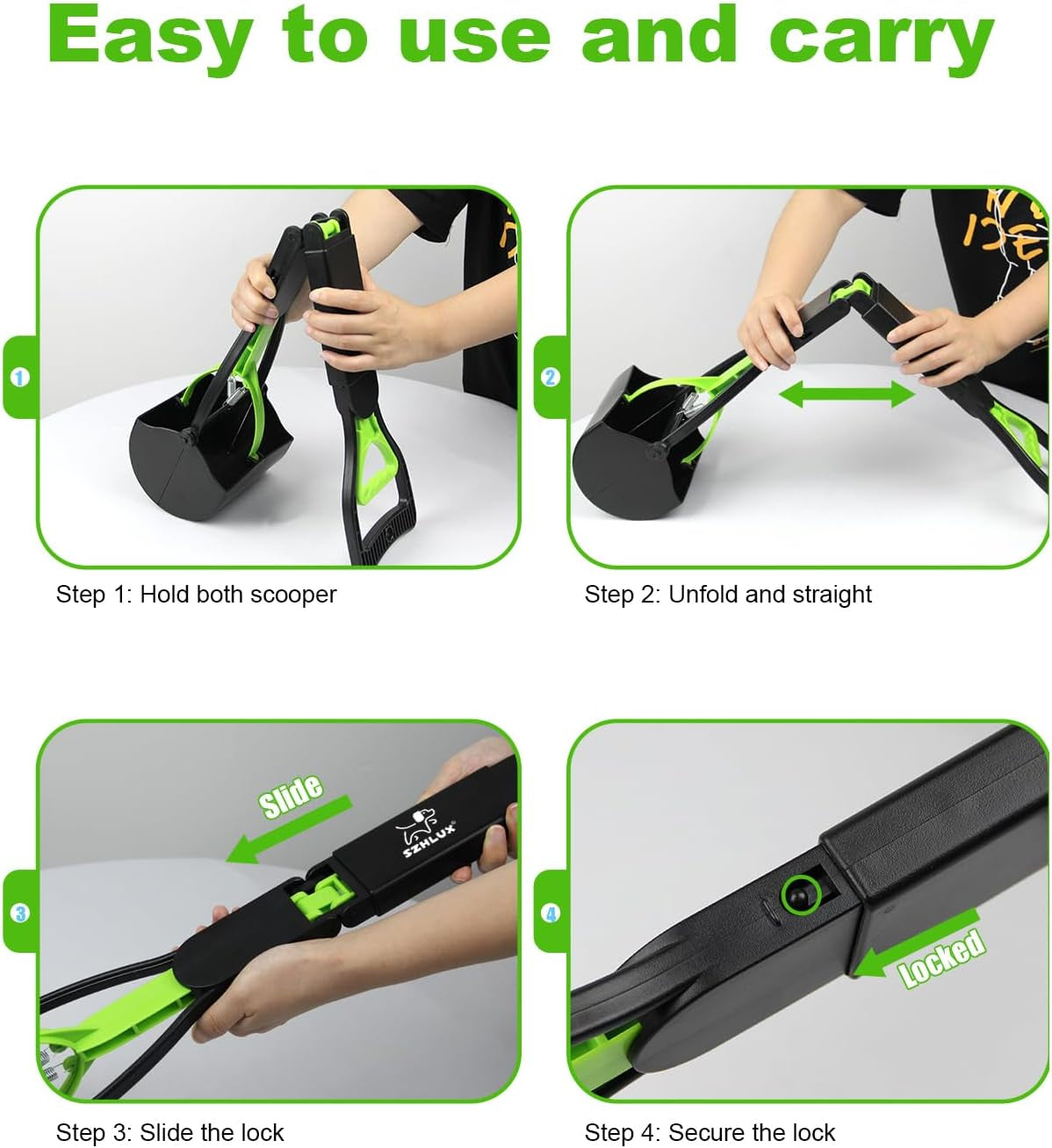 SZHLUX 28" Pooper Scooper, Foldable Dog Pooper Scooper with Unbreakable Material and Durable Spring for Grass and Gravel, Green