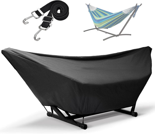 Hammock Cover Waterproof,10-15Ft Outdoor Hammock Covers with Elastic Ropes,Adjustable Buckle and Zip,420D Oxford Hammockbeds Cover for Garden,Patio,Beach Hammocks Stand (Black, 9-10FT)