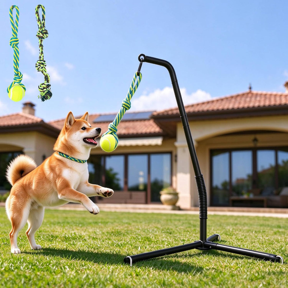 PAWISE Tether Tug Dog Toy for Yard with 2 Accessories (Tug Rope & Ball), Outdoor Spring Pole Adjustable Height 28.3"-40.6", Self Play Interactive Toy for Small Medium Large Dogs
