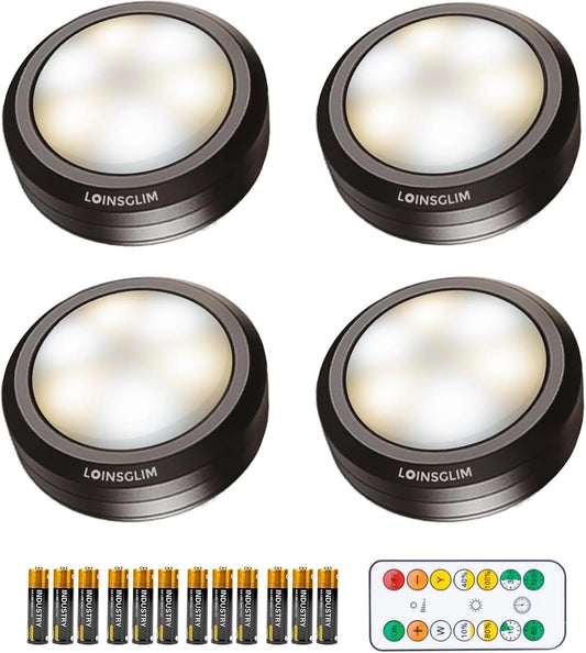 Puck Lights with Remote, Wireless LED Puck Light for Kitchen,Battery Operated under Cabinet Lights, under Counter Lighting Dimmable, Stick on Lights for Kitchen Shelf Counter Black (4Pack)