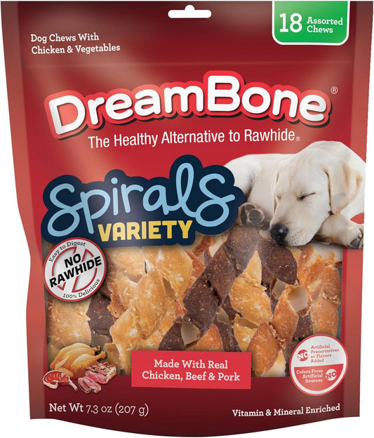 Dreambone Spirals Variety Pack Chews for Dogs, Treat Your Dog to Easy-To-Digest Rawhide-Free Chews Made with Chicken, Beef or Pork, 18 Count