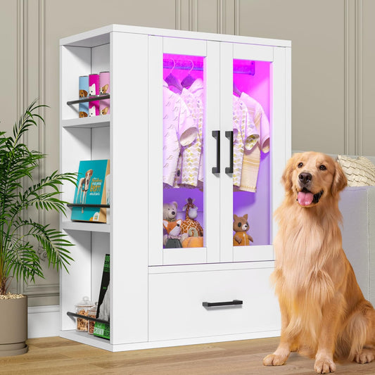 Kepptory Pet Wardrobe Closet with LED Light, Side Storage Shelves & Drawer, White Pet Clothes Organizer Cabinet with Hanging Rod, Multi-Functional Pet Closet for Dogs & Cats Clothing, Toys