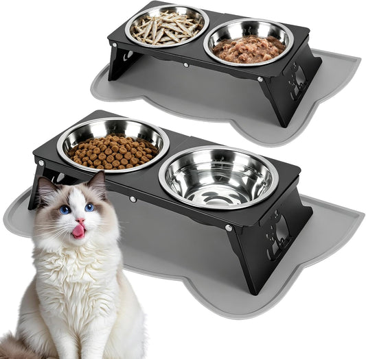 2 Set Elevated Cat Bowls, Stainless Steel Raised Cat Food Water Bowl Dishes