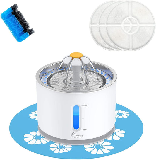 Wonder Creature Cat Water Fountain Stainless Steel, 81Oz/2.4L Cat Fountain with Water Level Window and LED Light for Water Shortage Alert, Cat and Dog Fountain with 3 Filters and 1 Mat