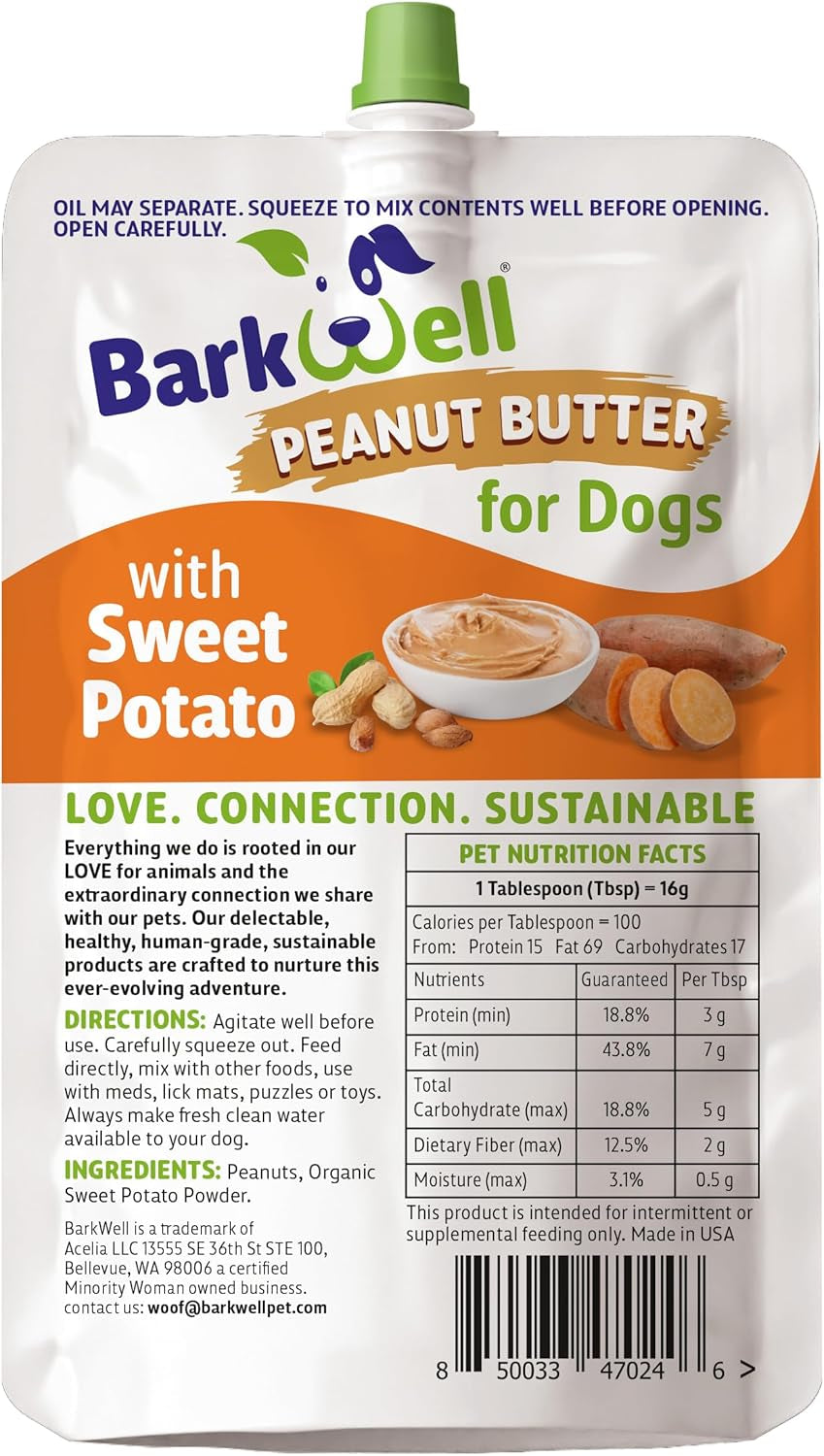 Barkwell Peanut Butter Squeeze - 8Oz Pouch Sweet Potato All-Natural Dog Peanut Butter, Sourced and Made in the USA