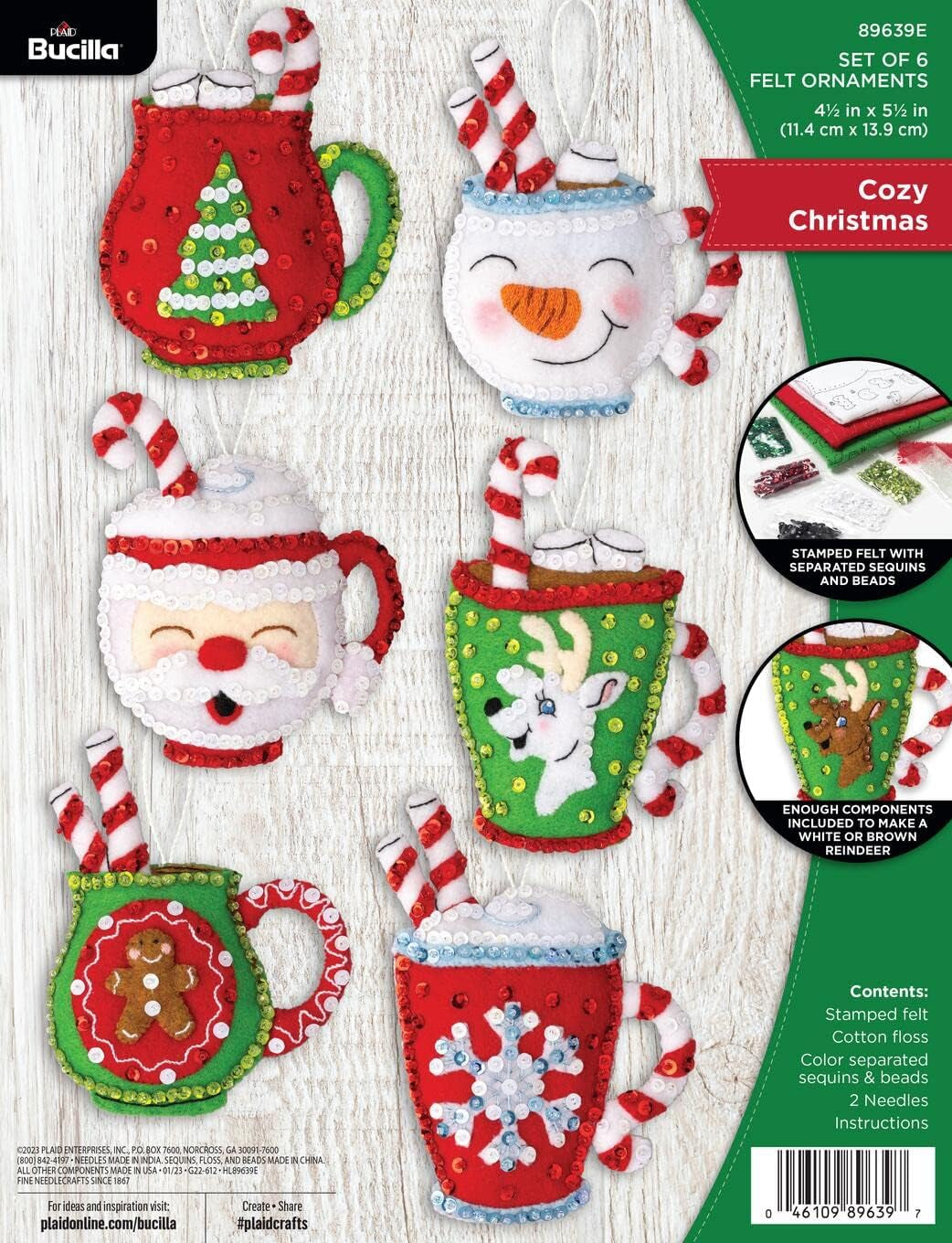 Bucilla Felt Applique 6 Piece Ornament Making Kit, Cozy Christmas, Perfect for DIY Arts and Crafts, 89639E