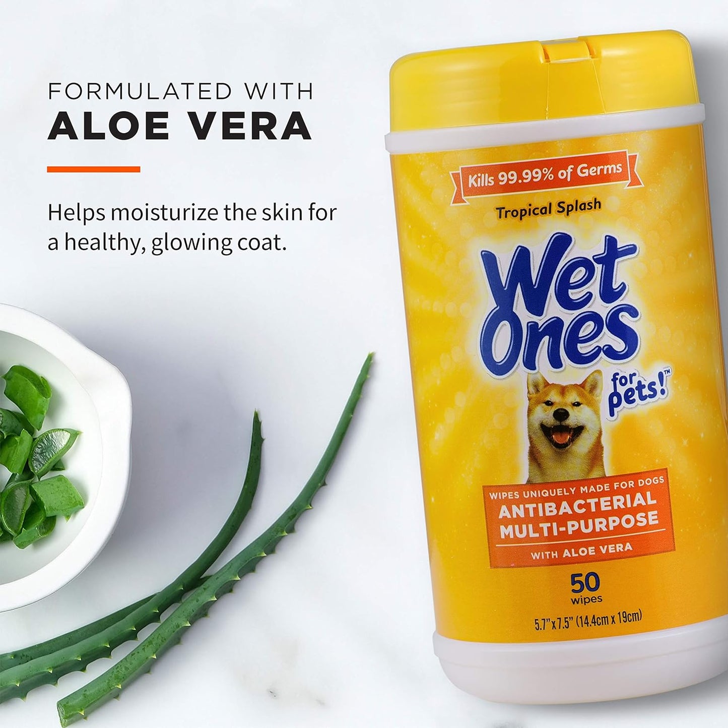 Wet Ones for Pets Antibacterial Dog Wipes, Multi-Purpose Grooming Wipes with Aloe Vera for Paws, Face & Body, Easy Cleanups between Baths, Tropical Splash Scent, 5.7 in X 7.5 In, 50 Count - 3 Pack