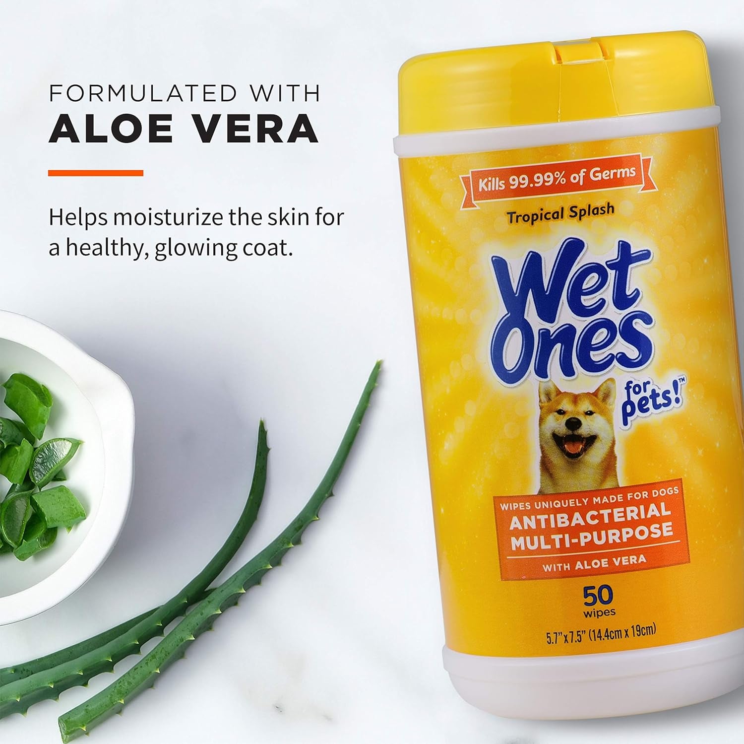 Wet Ones for Pets Antibacterial Dog Wipes, Multi-Purpose Grooming Wipes with Aloe Vera for Paws, Face & Body, Easy Cleanups between Baths, Tropical Splash Scent, 5.7 in X 7.5 In, 50 Count - 3 Pack