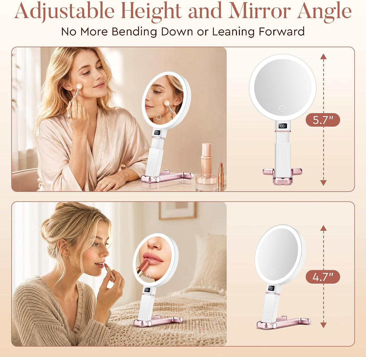 MIYADIVA Travel Makeup Mirror with Lights, Height Adjustable 30X/1X Double-Sided Magnifying Mirror, Portable Vanity Mirror with Digital Display & Phone Holder, Handheld Tabletop Hanging, Rose Gold