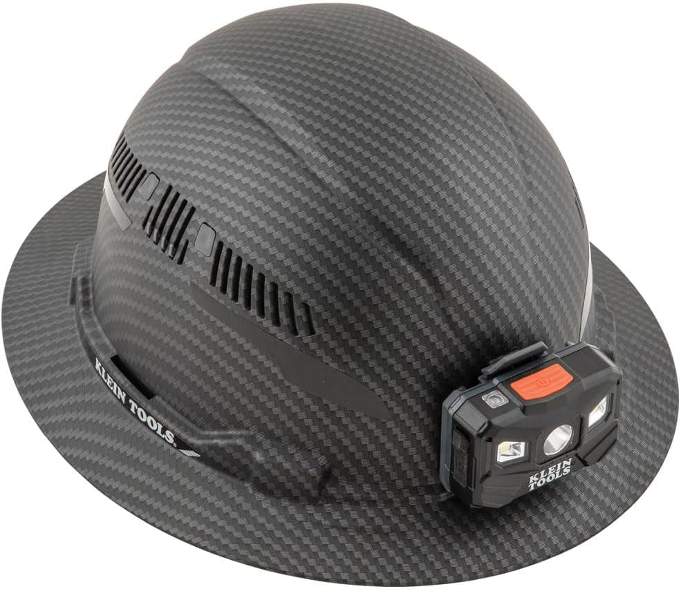 Klein Tools 60347 Hard Hat, Vented Full Brim, W/Headlamp, KARBN Pattern