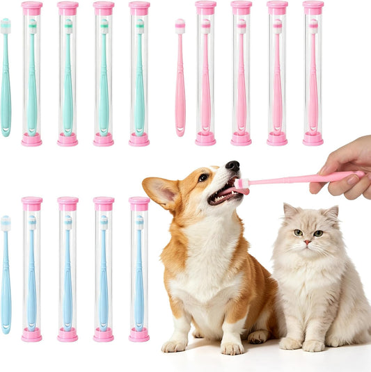 VZZNN 12 Pack Small Dog & Cat Toothbrush, 360 Degree Soft Silicone Pet Dental Care Kit with Holder, Suction Cup Base, Individually Wrapped, Gentle Teeth Cleaning for Kittens & Small Breeds