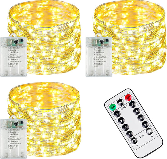 3 PK 78FT 240LED Fairy Lights Battery Operated with Timer Remote Warm White