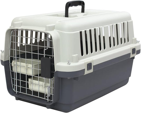 Sportpet Airline Compliant SMALL 24" Travel Dog Kennel - Durable Plastic Airline Pet Carrier (No Wheels) & Food Bowls, Collapsible Indoor/Outdoor Dog Kennel, Dogs up to 21"L & 13"H - Cream/Gray