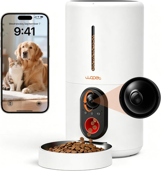 WOPET Automatic Dog Feeder with Camera,1080P HD Video with Night Vision, 5Ghz/2.4Ghz Dog Food Dispenser with App Control, 4GB SD Card, 2-Way Audio for Cats & Dogs