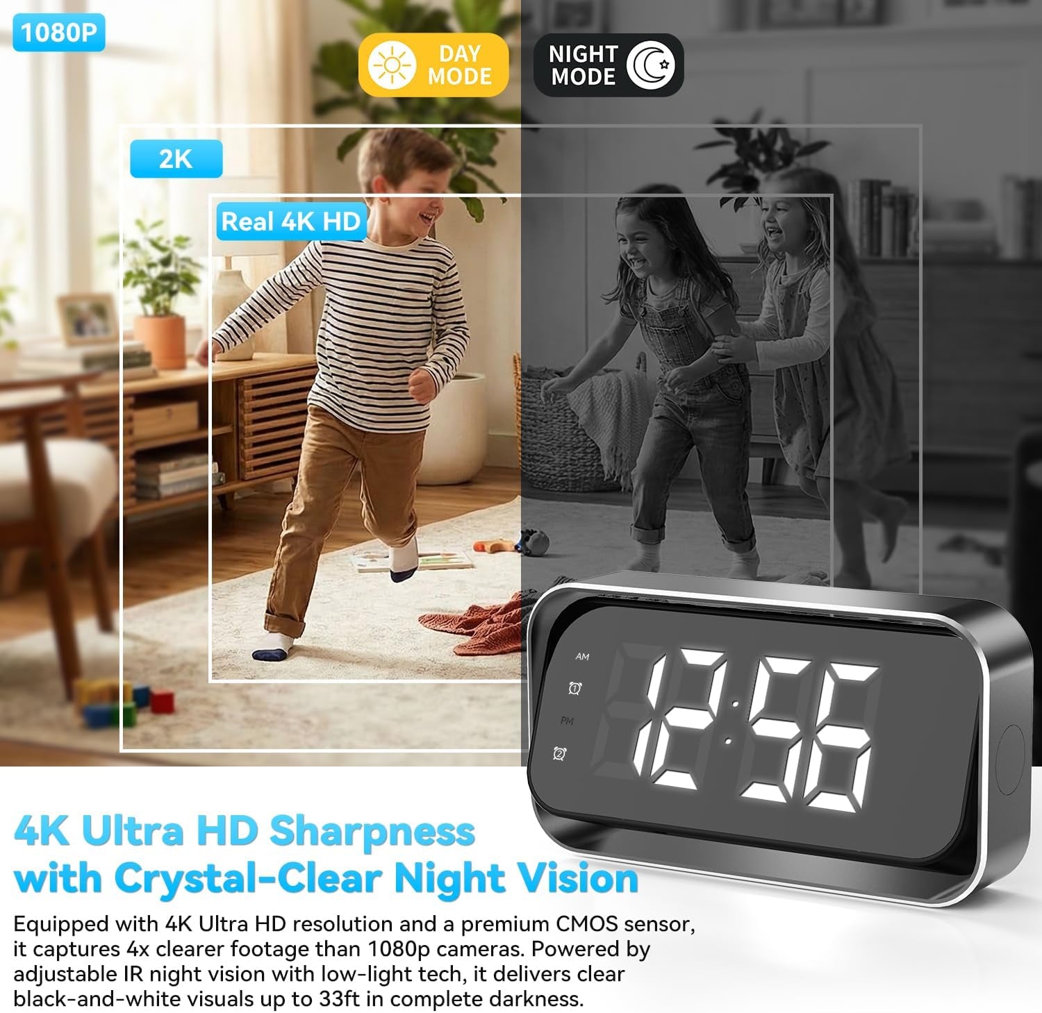 4K FHD Security Mini Camera Alarm Clock, 2.4G&5G Wifi Nanny Cam with Night Vision and Motion Detection Alert, Wide Angle Surveillance Camera for Pet Baby Monitoring, APP Remote Control by Mobile Phone