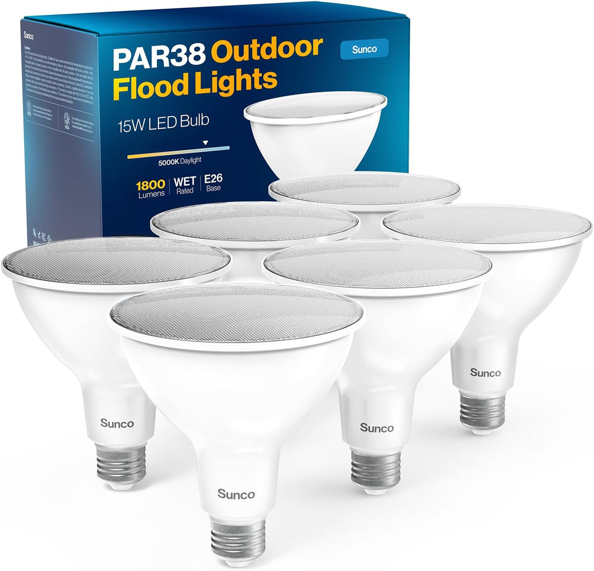 Sunco 6 Pack PAR38 LED Flood Light Bulb, 15W=150W, Dimmable, Waterproof