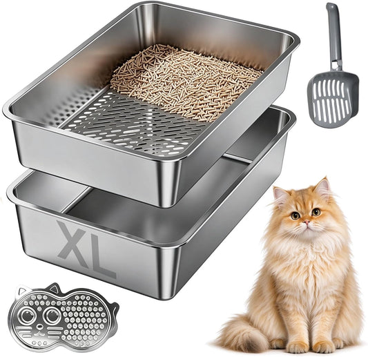PAWISE Stainless Steel Sifting Litter Box, XL Heavy Gauge Metal Litter Box