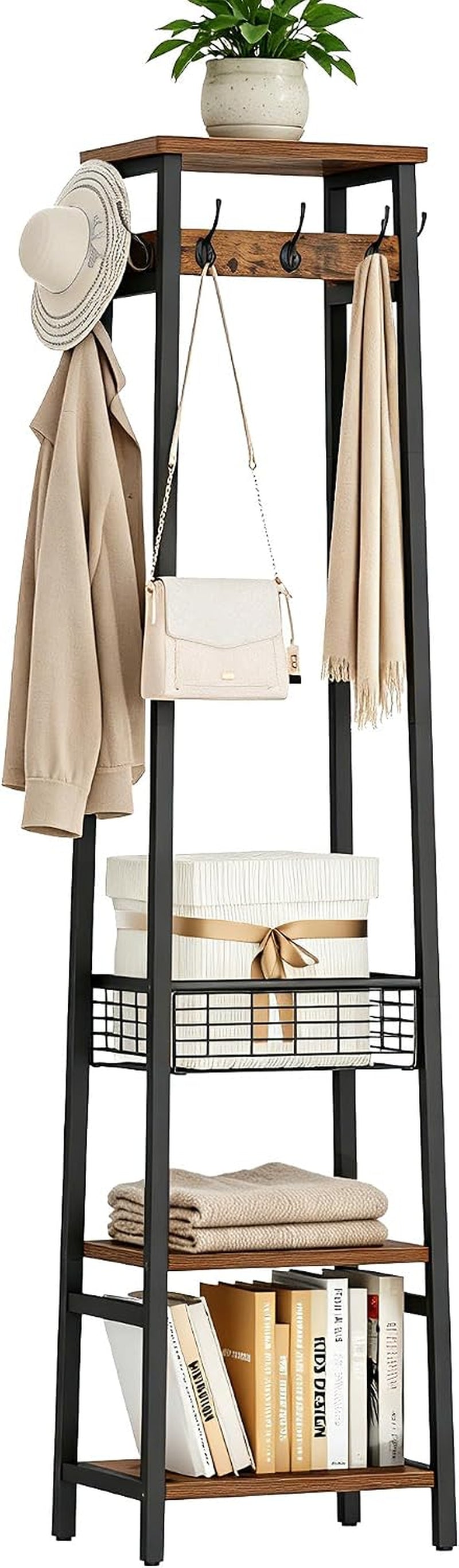 Coat Rack with Metal Basket and Storage Shelves