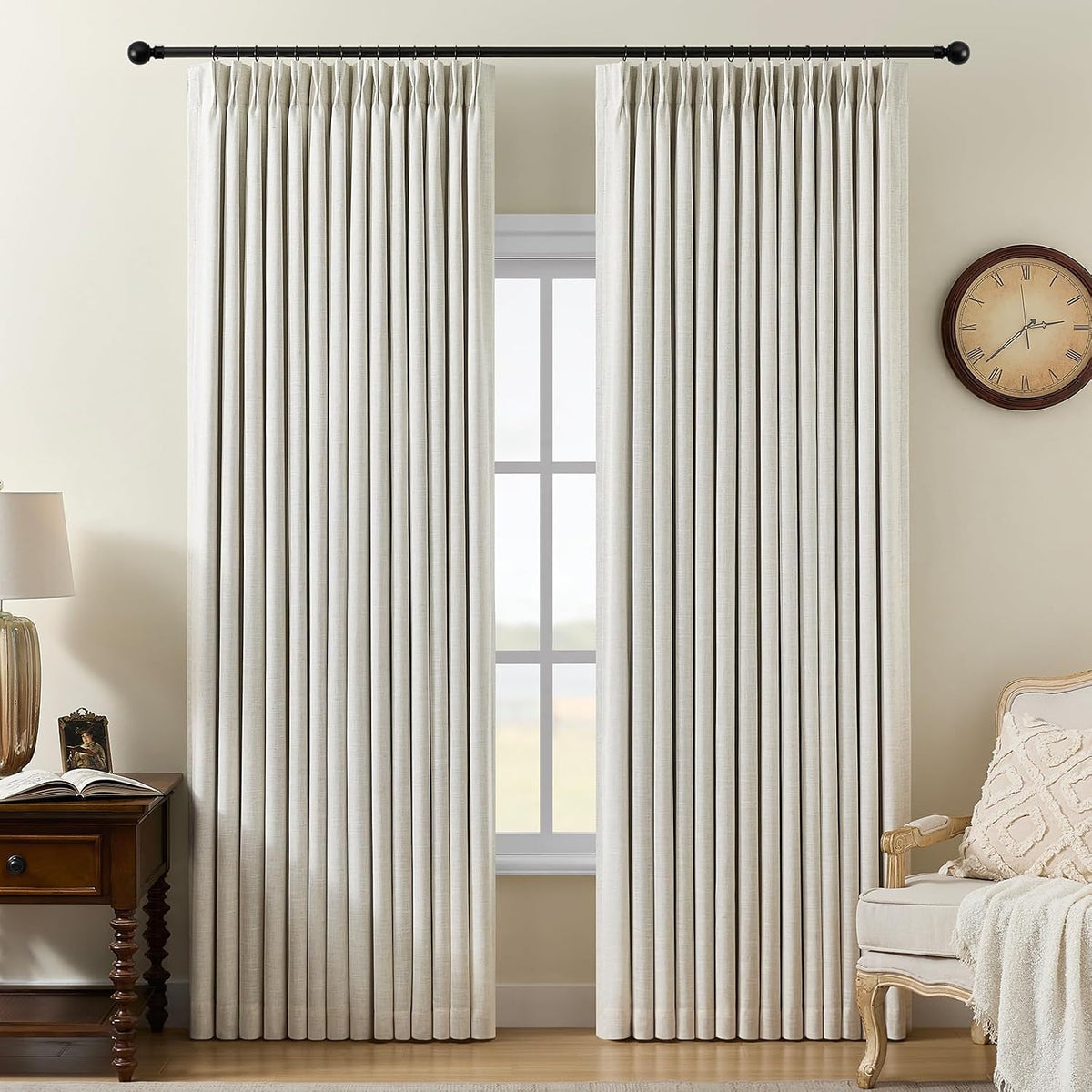 Pinch Pleated Linen Curtains 100% Blackout 95 Inches Long for Bedroom