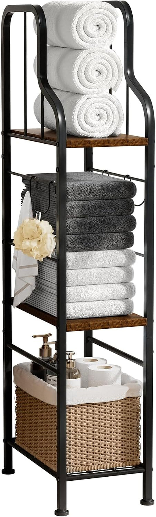Narrow Towel Storage for Bathroom - 3-Tier Towel Rack Organizer with Wood Shelves, Freestanding Bathroom Rack, 60 Lb Capacity with 4 S-Hooks for Small Bath, Laundry, Pool, Apartment