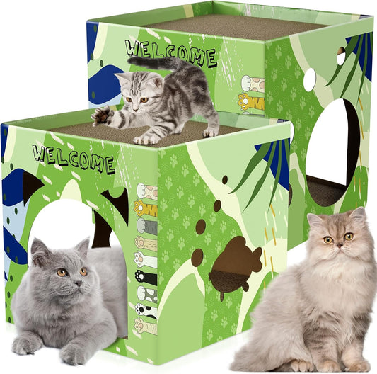 Bissap 2PCS Cat Cardboard House, Large Thickened Play House with 2 Story Scratch Pads Bed Scratching Lounge for Indoor Cats Kittens Breathable Cube Shelter Corrugated Scratcher Box Toy