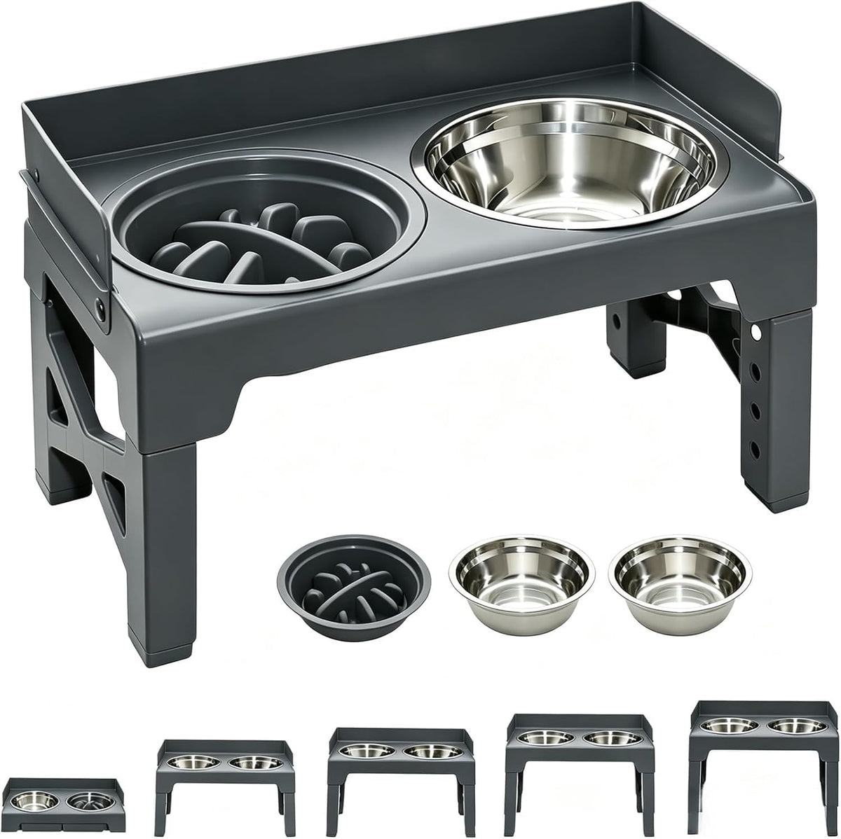 Elevated Dog Bowls 5 Heights Adjustable with Slow Feeder & Splash Guard