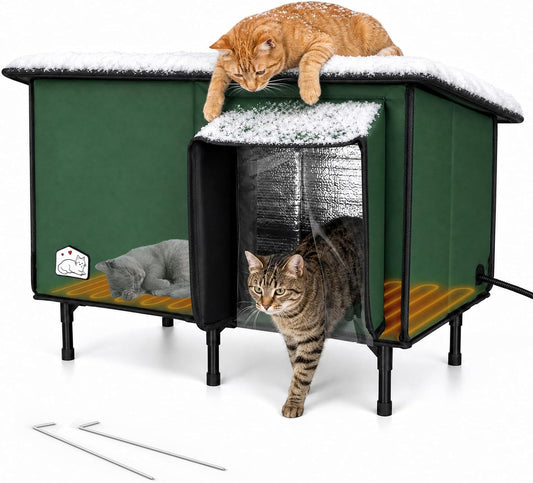 Heated Cat House for outside Winter, Weatherproof Insulated Outdoor Cat House with Heating Pad, Large Shelter for Stray Feral Cats with Elevated Base, Clear Window & Escape Door, Waterproof Pet Home