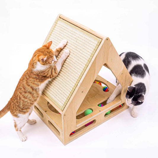 Cat Puzzle Toy with 15 Pcs Interactive Cat Toys, Cat Scratcher, House Shape