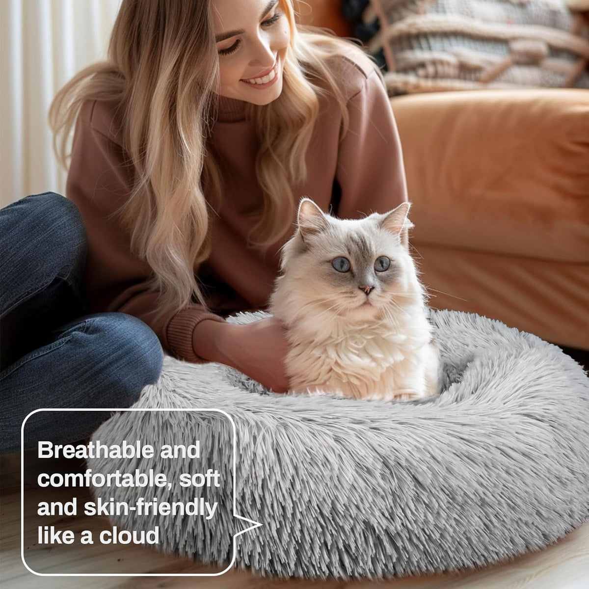 RAINFLOW Cat Bed Indoor Calming - Small Washable Plush Donut Bed for Cats