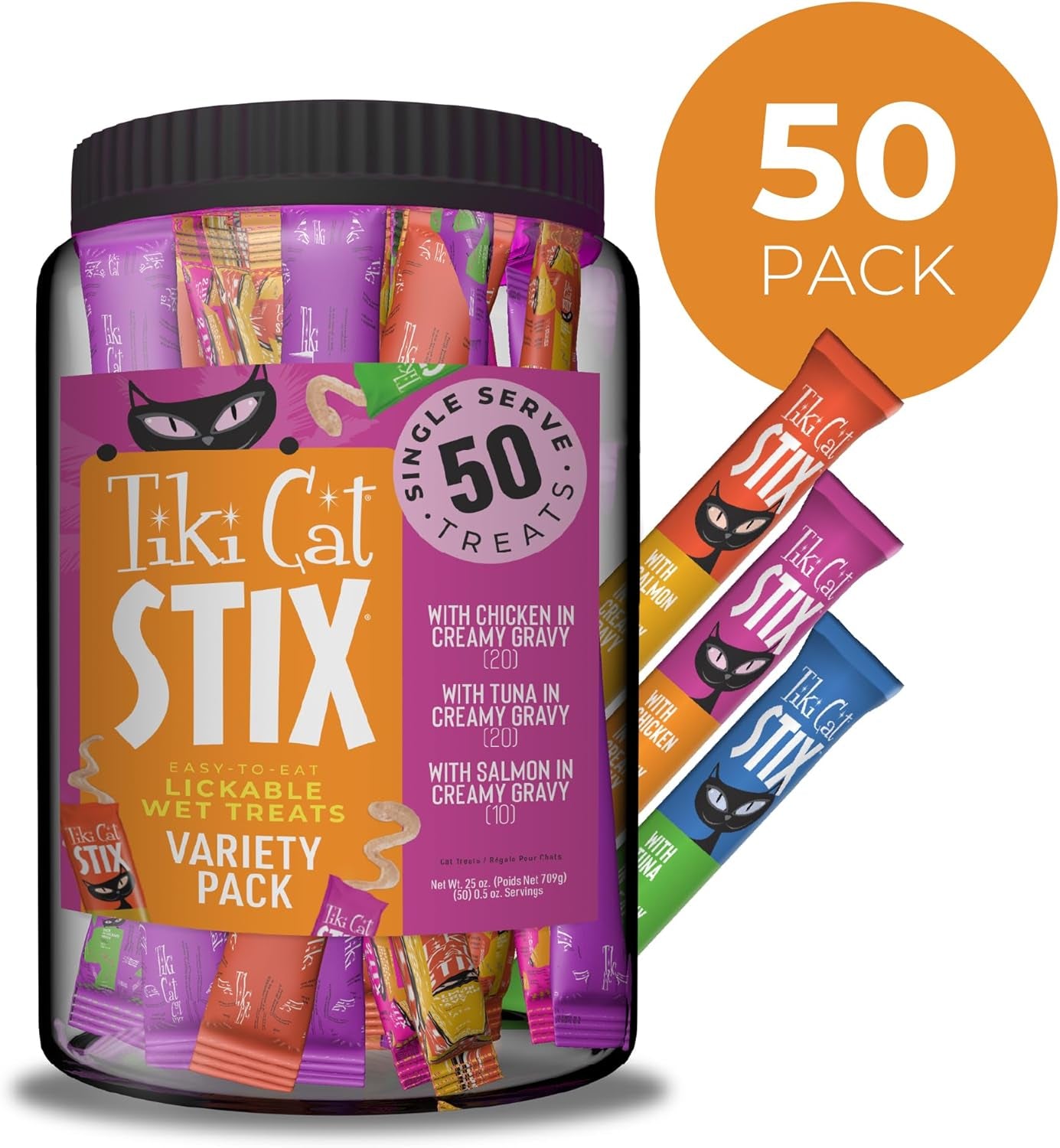 Tiki Cat Stix Mousse Treats, Variety Mega Jar, Single Serve Indulgent Lickable Treat or Dry Food Topper, 50 Count, 25 Oz. (0.5 Oz./Stick)