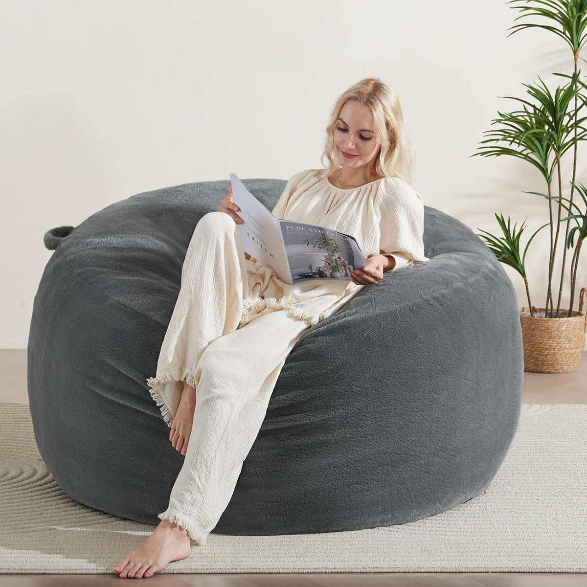 WSOFRLAC 3FT Bean Bag Chair, Stuffed Beanbag with Washable Cover, Dark Grey