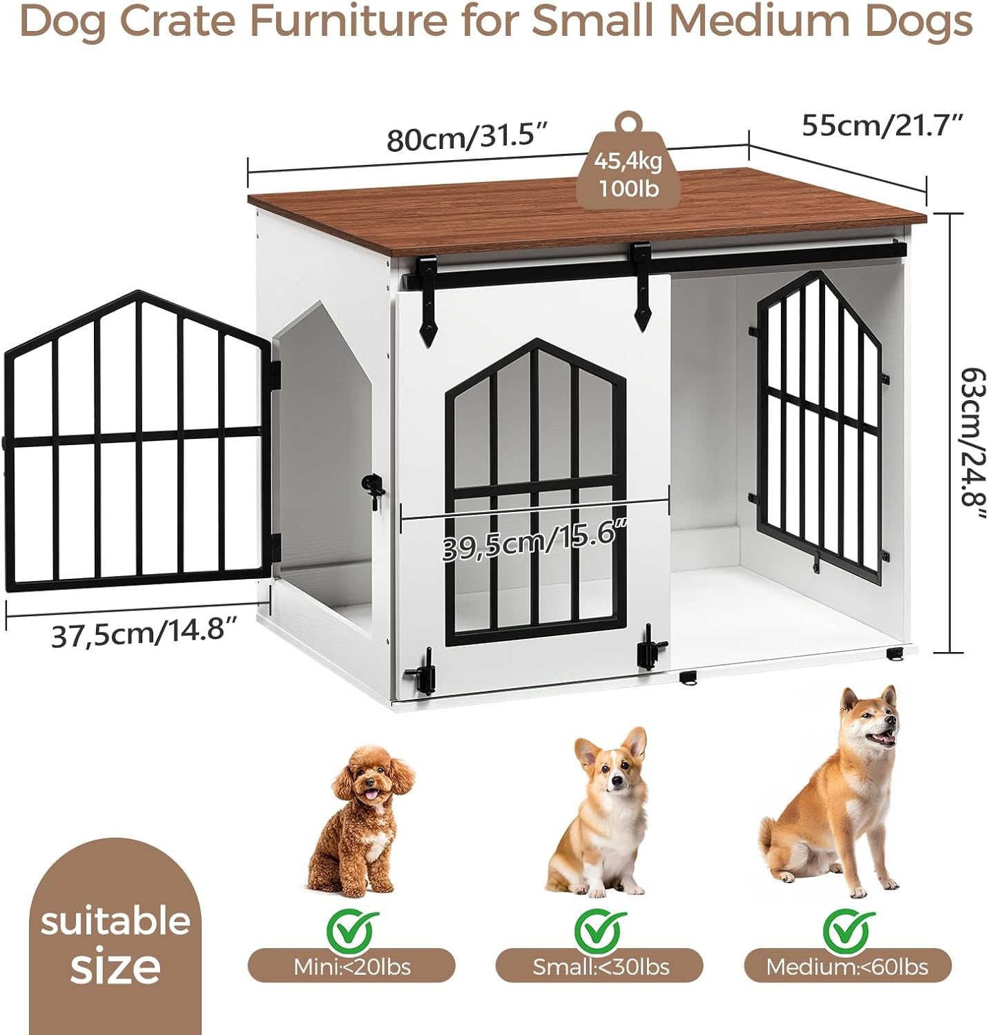 MAHANCRIS Dog Crate Furniture, 31.5" Farmhouse Dog Kennel with Sliding Barn Door, Wooden Dog Cage for Small Medium Dogs, Decorative Pet House Side End Table, Chew-Resistant, White and Walnut DCBA9601