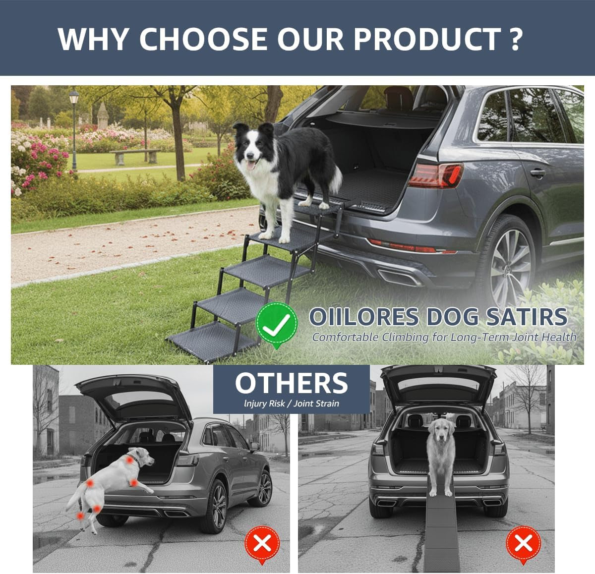 Oiilores Foldable Dog Stairs for Large Dogs - Extra Wide Pet Ramp for Cars, SUV, Truck, Non-Slip Surface, Supports up to 250 Lbs, 5 Steps