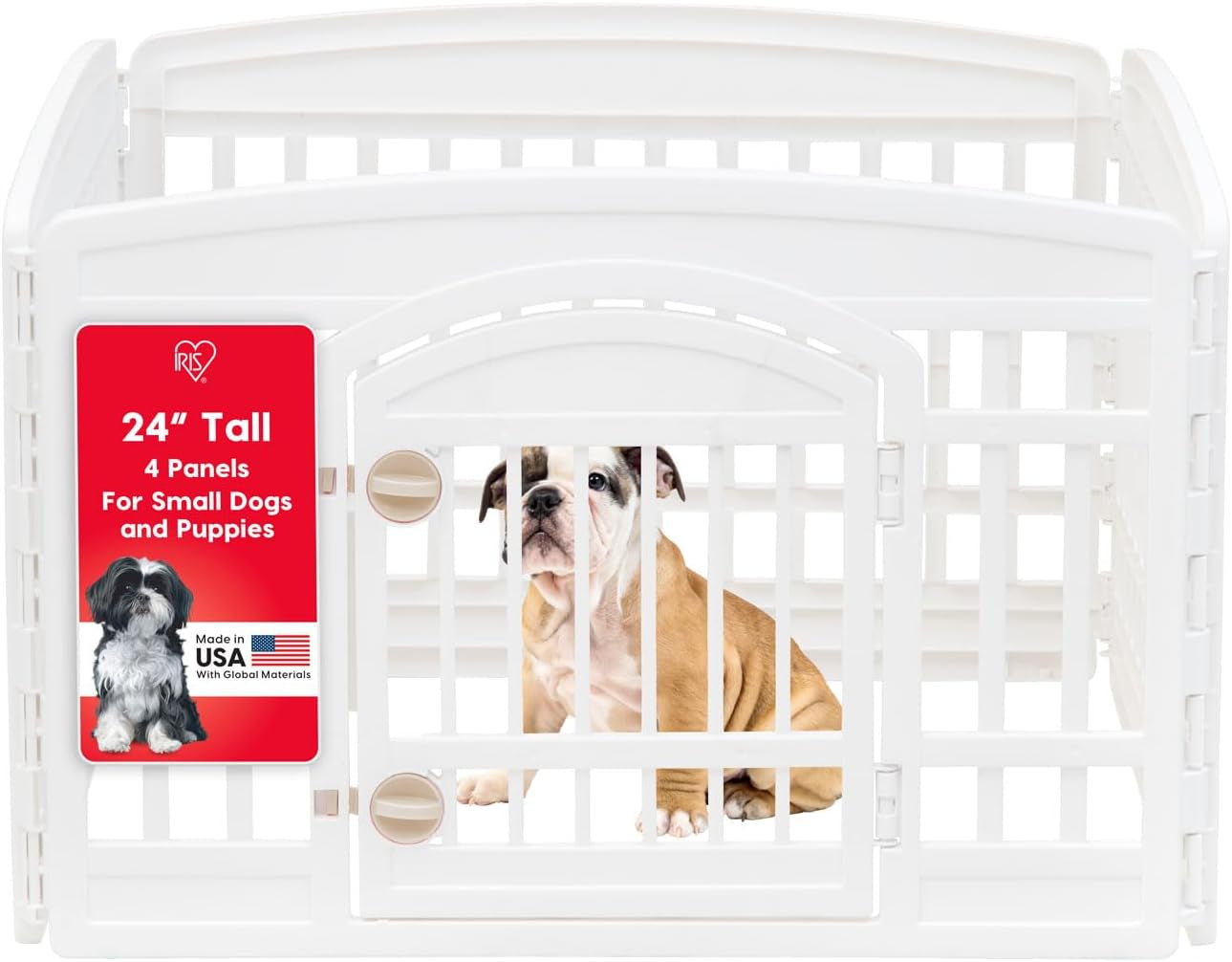 IRIS USA Dog Playpen with Door, 24” 4 Panel Pet Exercise Pen – Indoor Outdoor Puppy Play Pen, Portable Plastic Pet Fence for Small Medium Dogs, Foldable 35” X 35” X 24”, White
