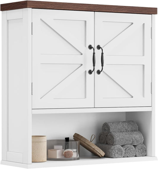 Smuxee Farmhouse Bathroom Cabinet Wall Mounted, White Medicine Cabinet with Adjustable Shelf, Bathroom Cabinet for Living Room, Laundry Room