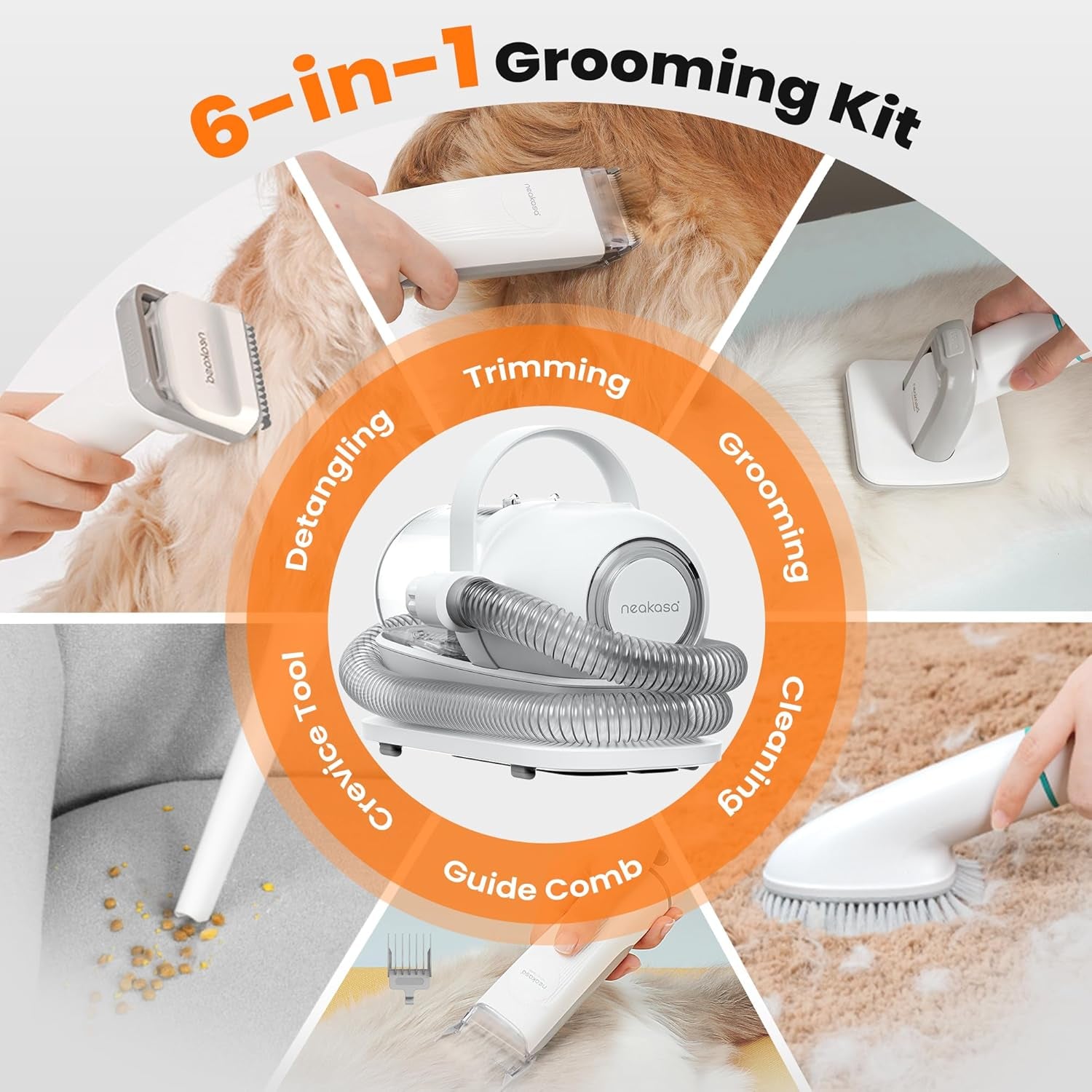Neakasa P1 Pro Dog Grooming Vacuum Kit, 6-In-1 Pet Hair Grooming with Clippers and Vacuum, 9000Pa Suction, Low Noise, 1L Dust Cup for Home Shedding & Trimming
