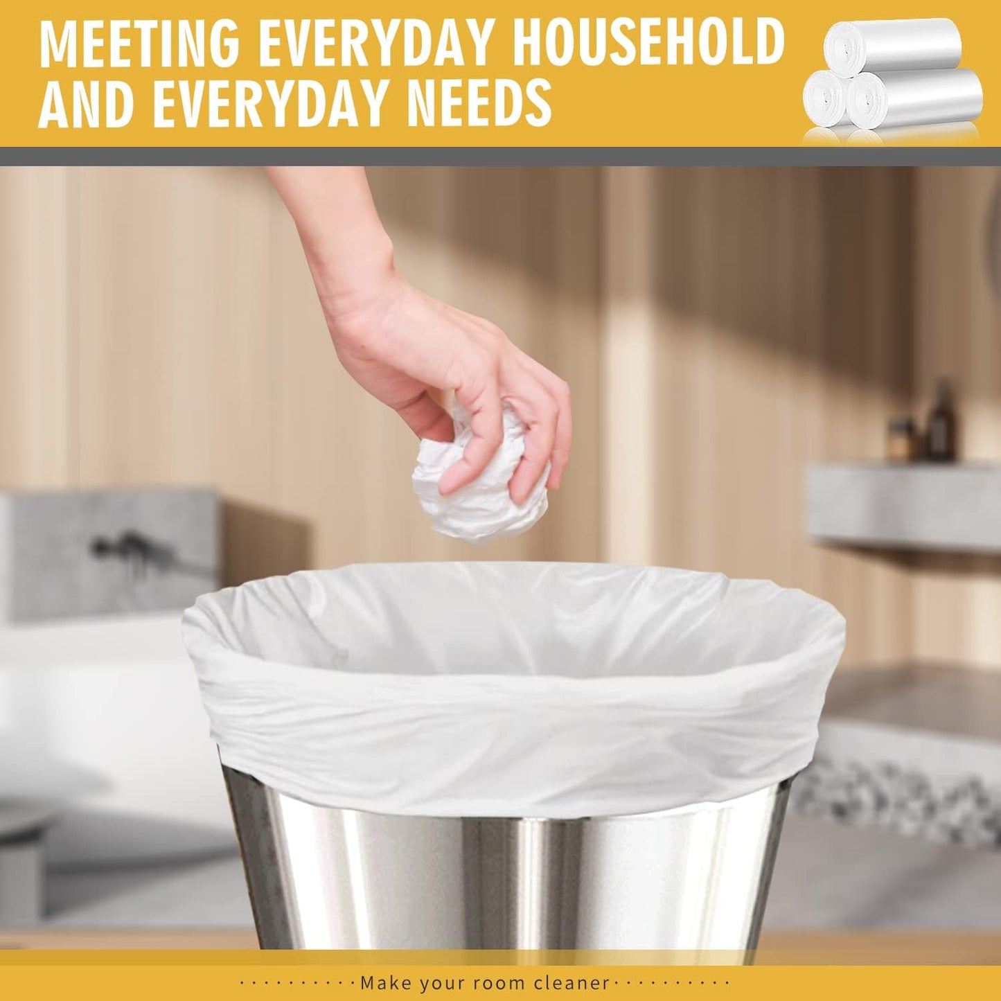 105 Count Small Trash Bags, 4 Gallon Garbage Can Liners | Leak-Proof & Strong, Unscented Wastebasket Clear Plastic Trash Bags for Bathroom, Bedroom, Cleaning Supplies (15 Liter)
