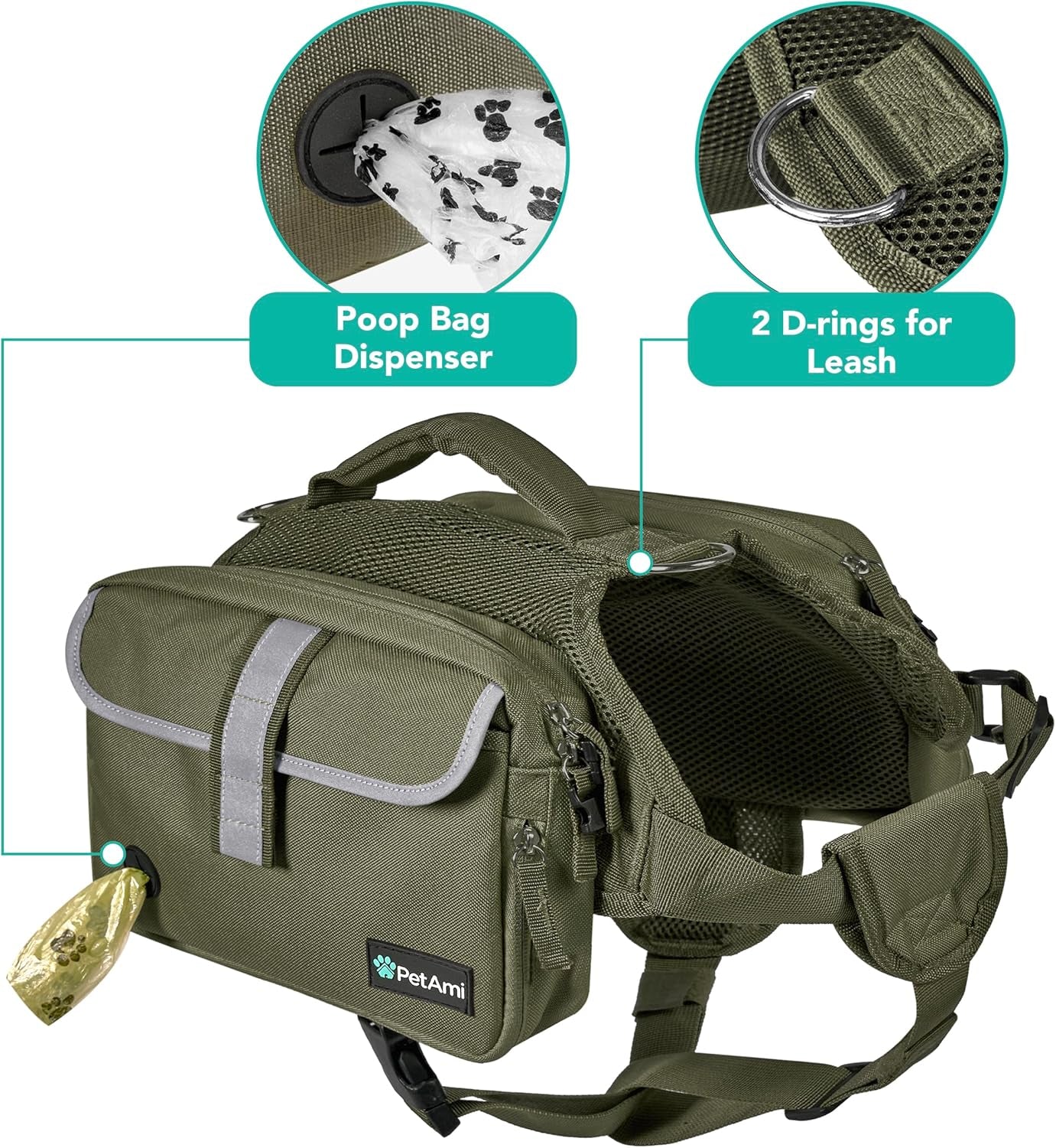 Petami Dog Backpack for Medium & Large Dogs, Saddle Bag for Dogs to Wear for Hiking, Pet Backpack Harness Dog Pack with Reflective Side Pockets for Walking Running.