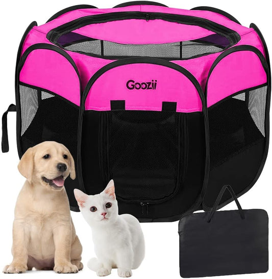 GOOZII Pet Cat Playpen for Indoor Cats Enclosed, Portable Foldable Dog Playpen Outdoor Tent Crate Cage with Zipper Top Cover Door for Kitten Puppy outside Rv Car Camper (Small Size, Pink)