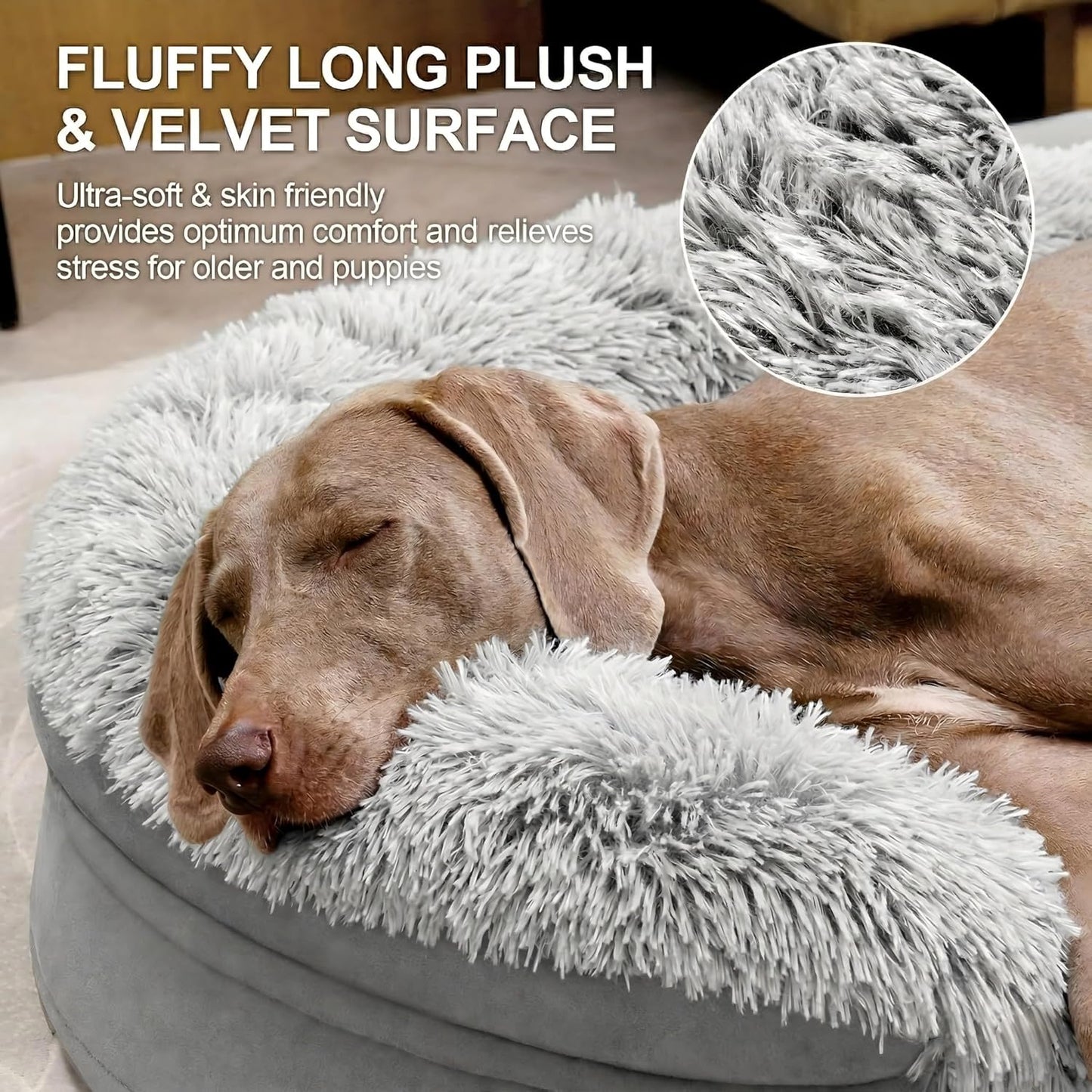 Iweepet 3.7 Inch Thickened Orthopedic Dog Beds for Large & Extra Large Dogs, Fluffy Claiming Dog Sofa Bed with Supportive 28D Egg-Crate Foam, Removable Washable Cover, Waterproof Lining, 44’’,Grey