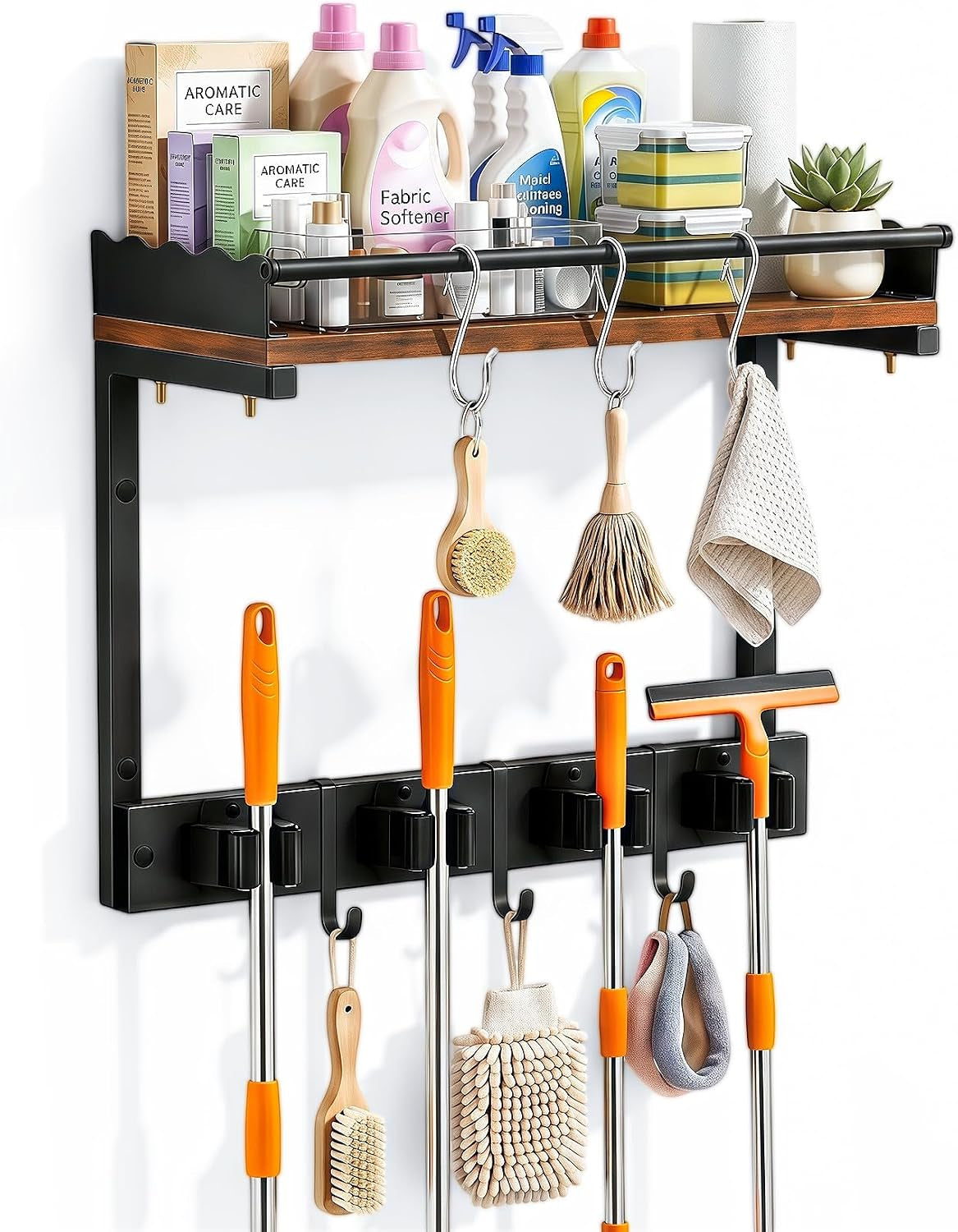 Broom Holder Wall Mount, Broom and Mop Organizer Wall Hanging with Vacuum Stand and & Hooks, Heavy Duty Laundry Organization & Storage, Utility Racks with Wood Shelf & Guard