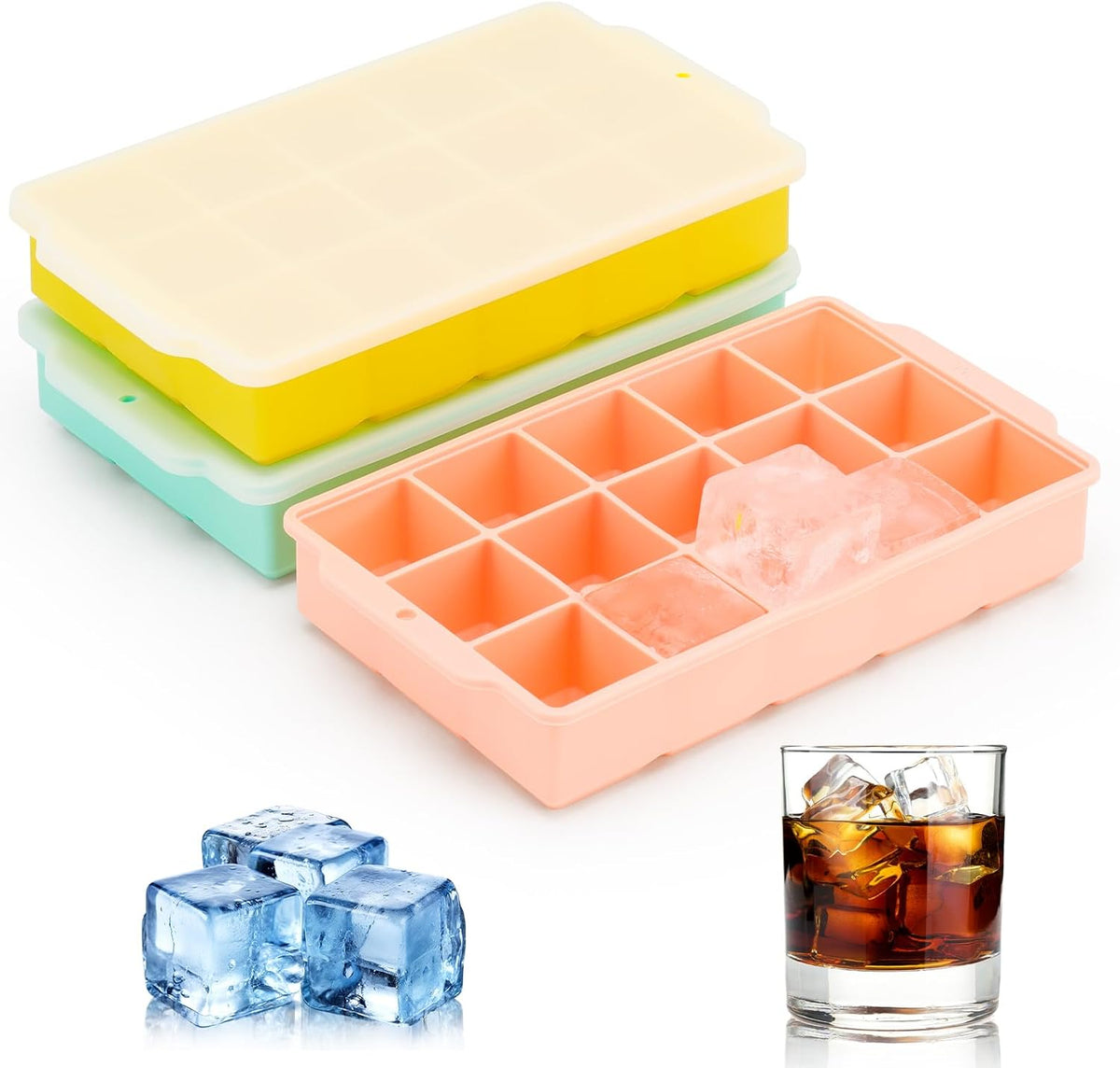 Reespring Ice Cube Tray, Silicone Ice Tray for Freezer with Lid, 3 Pack Ice Cube Trays for Freezer with 45 Flexible Easy Release Ice Trays